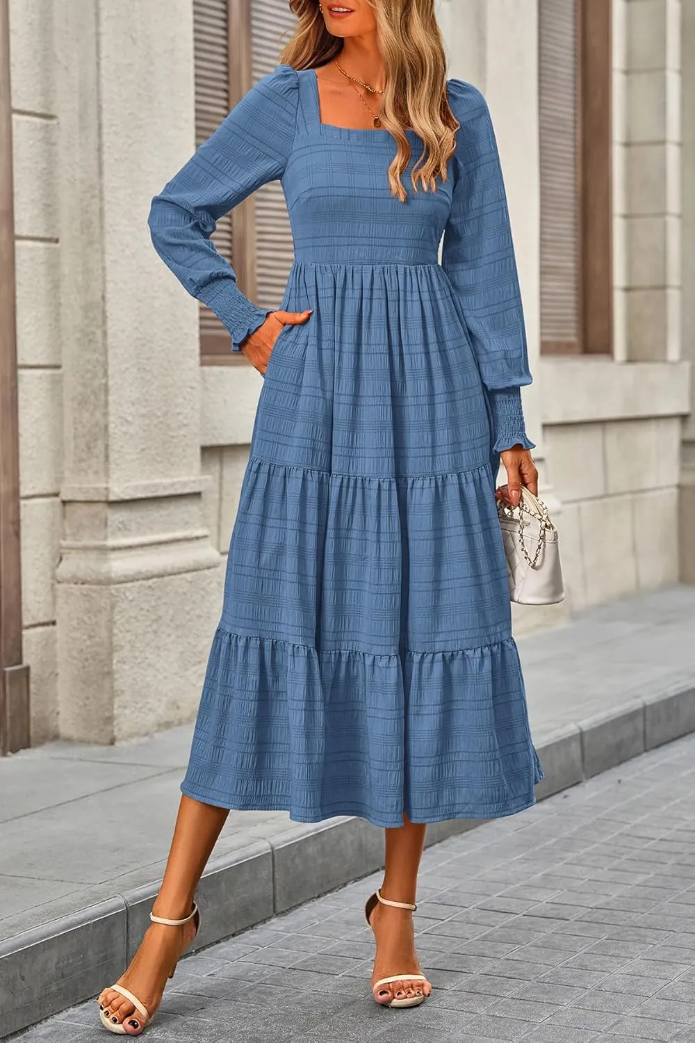 CFLONGE Women's Fall Dresses 2025 Puff Long Sleeve Square Neck Dress High Waist Smocked A-Line Flowy Wedding Party Maxi Dress