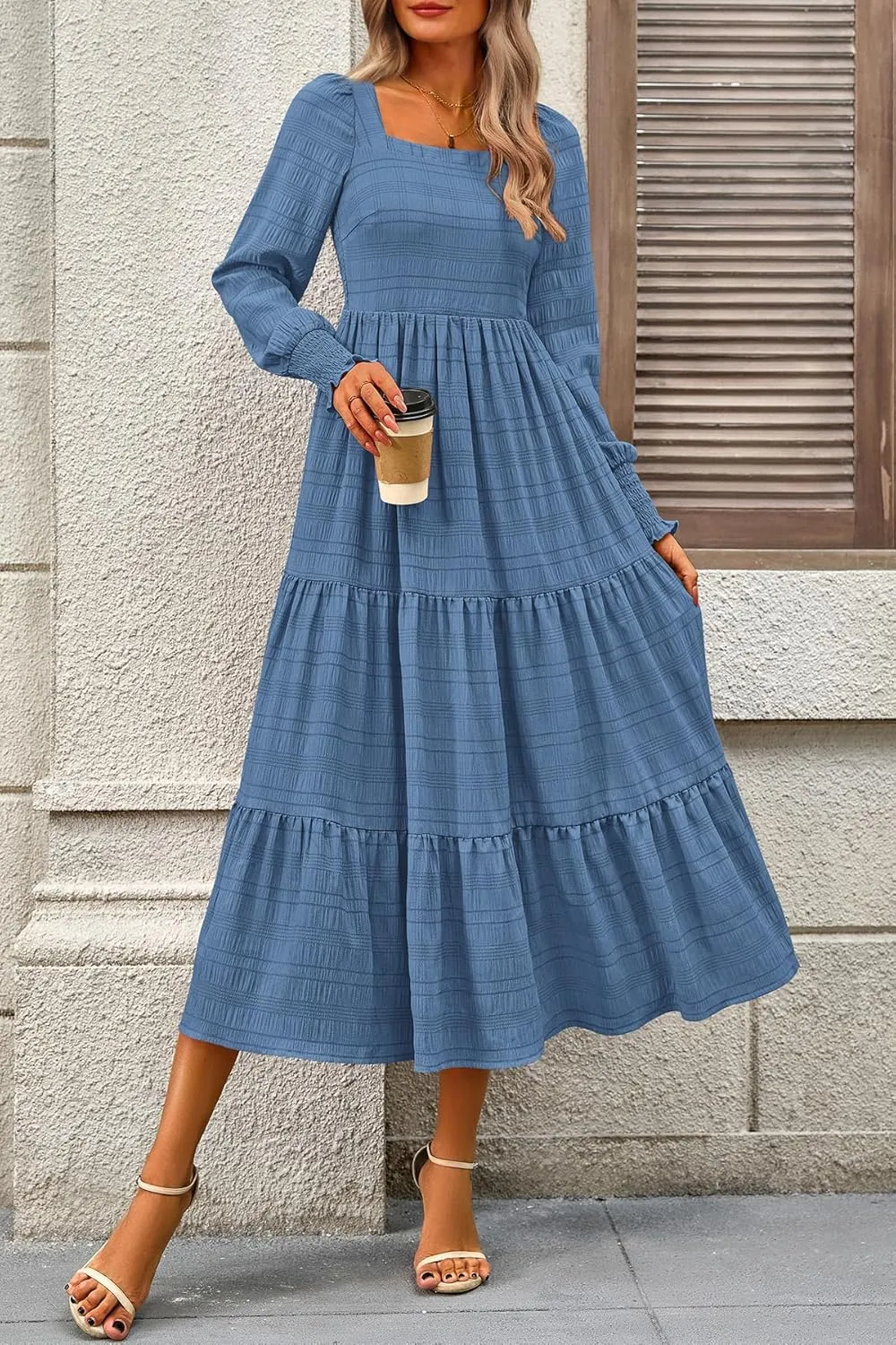 CFLONGE Women's Fall Dresses 2025 Puff Long Sleeve Square Neck Dress High Waist Smocked A-Line Flowy Wedding Party Maxi Dress