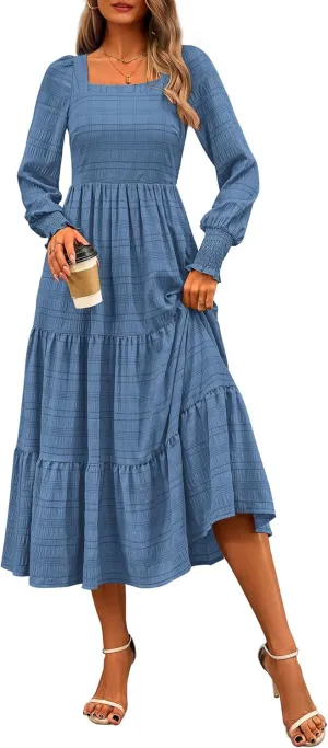 CFLONGE Women's Fall Dresses 2025 Puff Long Sleeve Square Neck Dress High Waist Smocked A-Line Flowy Wedding Party Maxi Dress