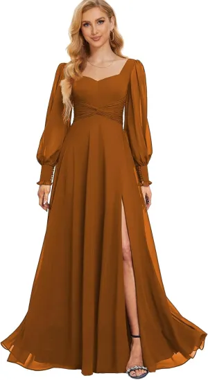 Chiffon Bridesmaid Dresses for Women Long Sleeve Wedding Guest Dress with Slit Formal Evening Gown