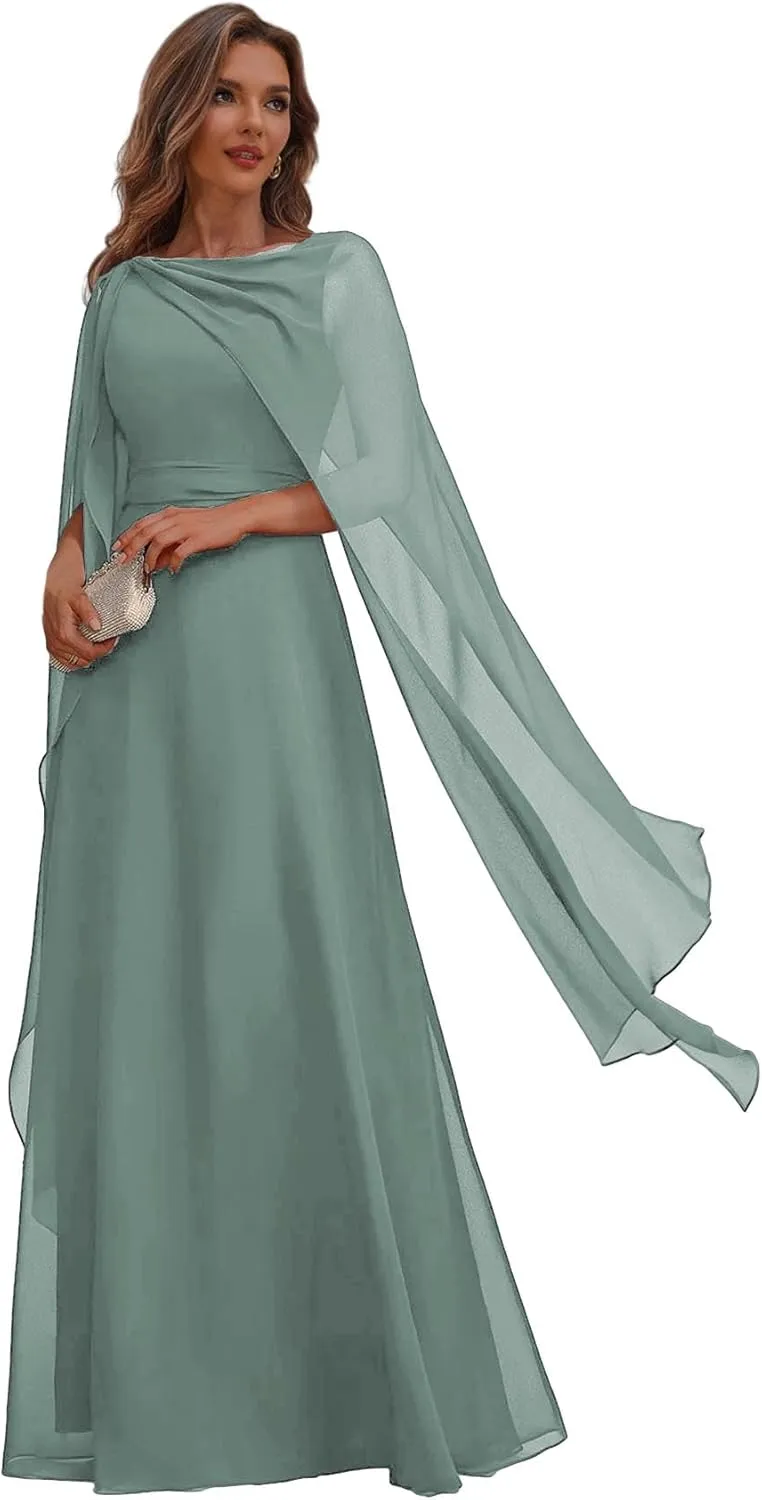 Chiffon Mother of The Bride Dresses for Wedding Corset Long Formal Evening Dress with Cape