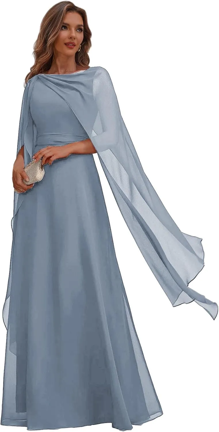 Chiffon Mother of The Bride Dresses for Wedding Corset Long Formal Evening Dress with Cape