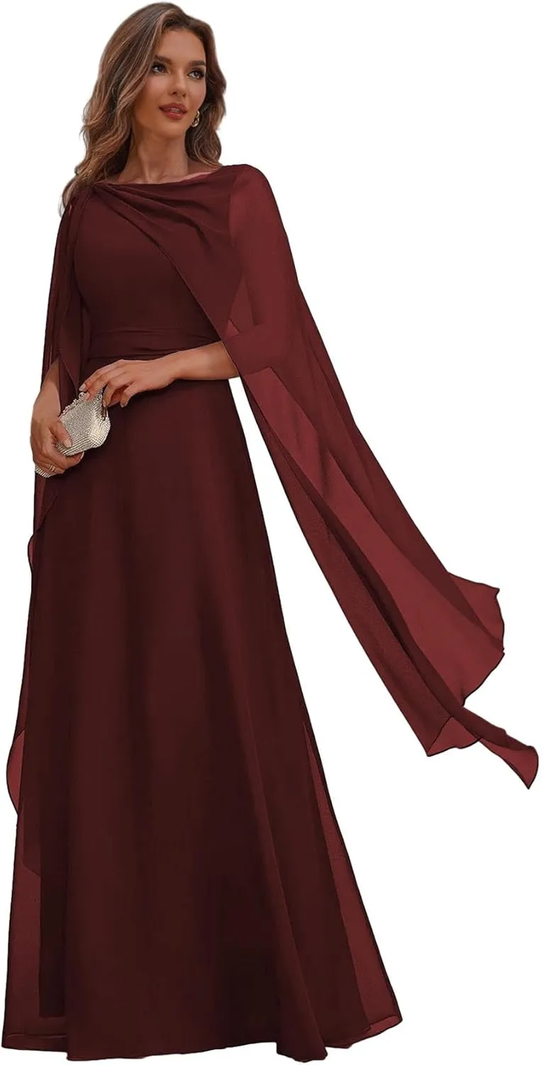 Chiffon Mother of The Bride Dresses for Wedding Corset Long Formal Evening Dress with Cape
