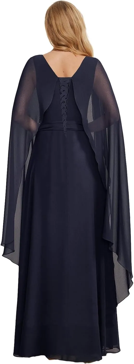 Chiffon Mother of The Bride Dresses for Wedding Corset Long Formal Evening Dress with Cape