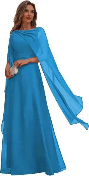 Chiffon Mother of The Bride Dresses for Wedding Corset Long Formal Evening Dress with Cape