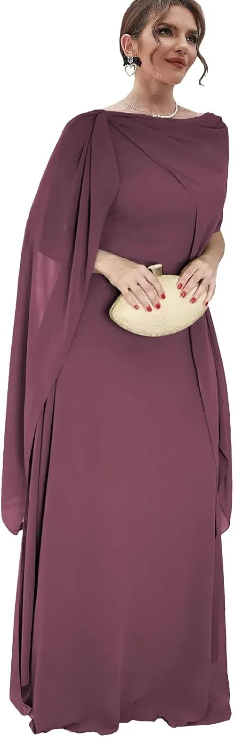 Chiffon Mother of The Bride Dresses for Wedding Long Evening Dress with Cape Formal Party Gown