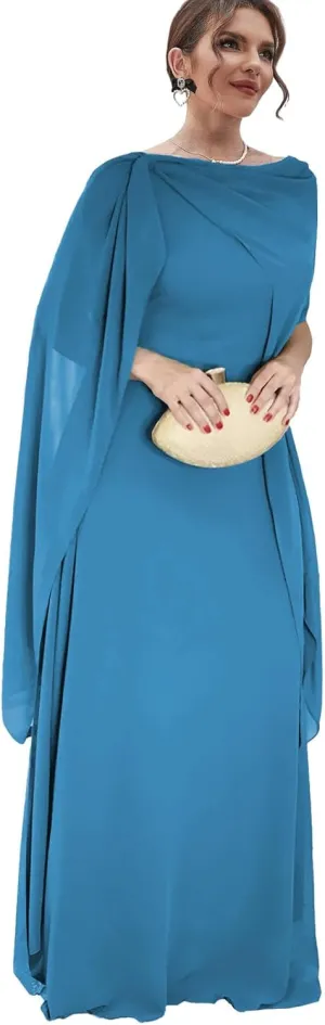 Chiffon Mother of The Bride Dresses for Wedding Long Evening Dress with Cape Formal Party Gown