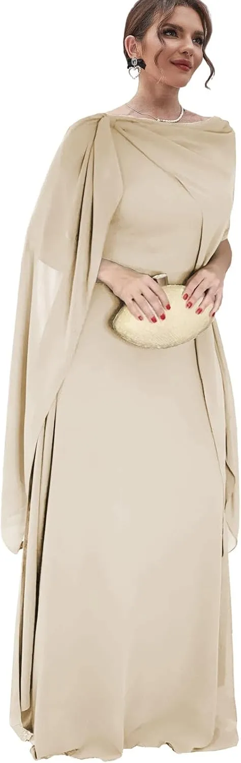 Chiffon Mother of The Bride Dresses for Wedding Long Evening Dress with Cape Formal Party Gown