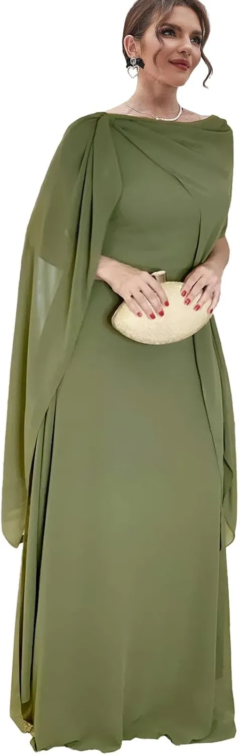 Chiffon Mother of The Bride Dresses for Wedding Long Evening Dress with Cape Formal Party Gown