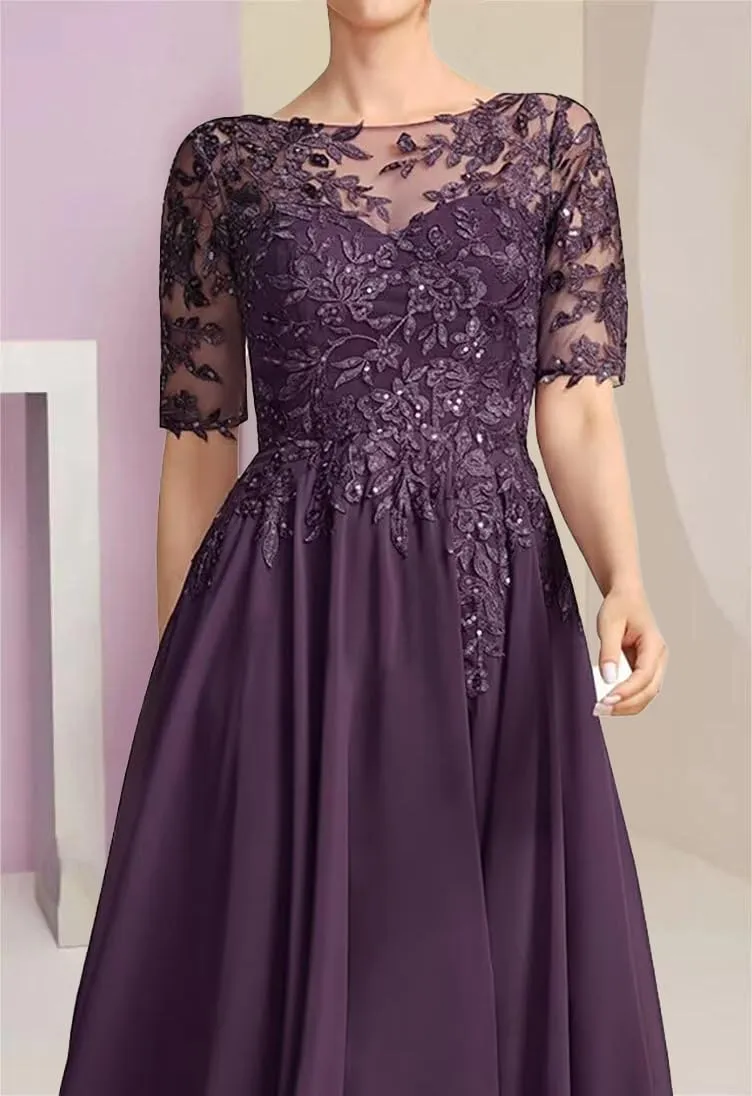 Chiffon Mother of The Bride Dresses for Women Cap Sleeves Tea Length Evening Gown for Wedding Guest Dress