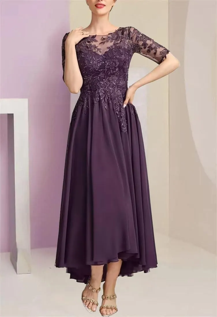 Chiffon Mother of The Bride Dresses for Women Cap Sleeves Tea Length Evening Gown for Wedding Guest Dress