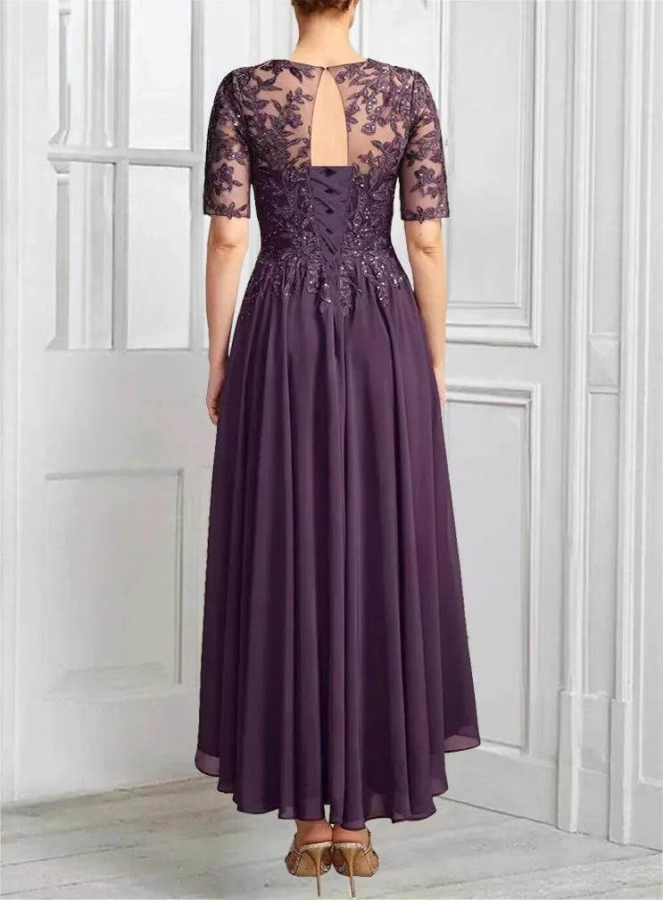 Chiffon Mother of The Bride Dresses for Women Cap Sleeves Tea Length Evening Gown for Wedding Guest Dress