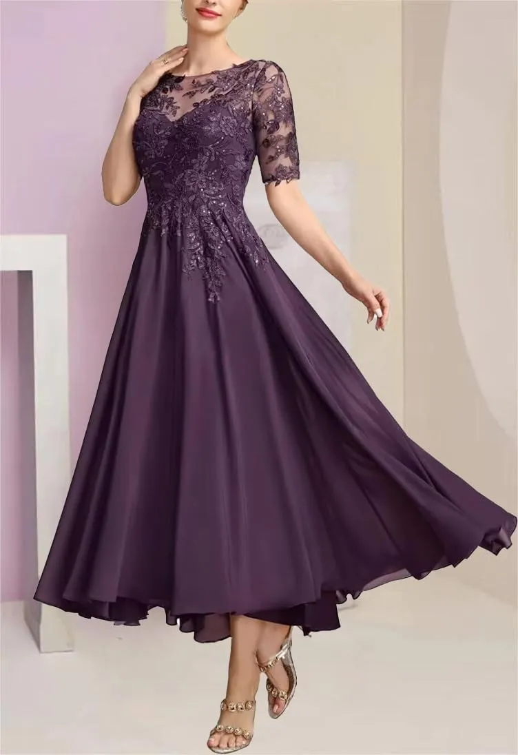 Chiffon Mother of The Bride Dresses for Women Cap Sleeves Tea Length Evening Gown for Wedding Guest Dress