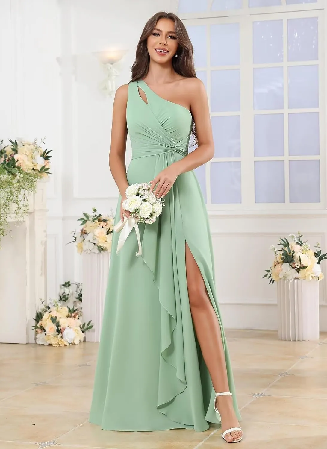 Chiffon One Shoulder Bridesmaid Dresses with Slit Ruffles Wedding Long Formal Evening Dress for Women
