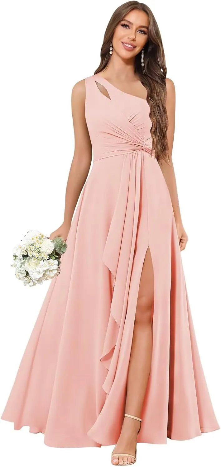 Chiffon One Shoulder Bridesmaid Dresses with Slit Ruffles Wedding Long Formal Evening Dress for Women