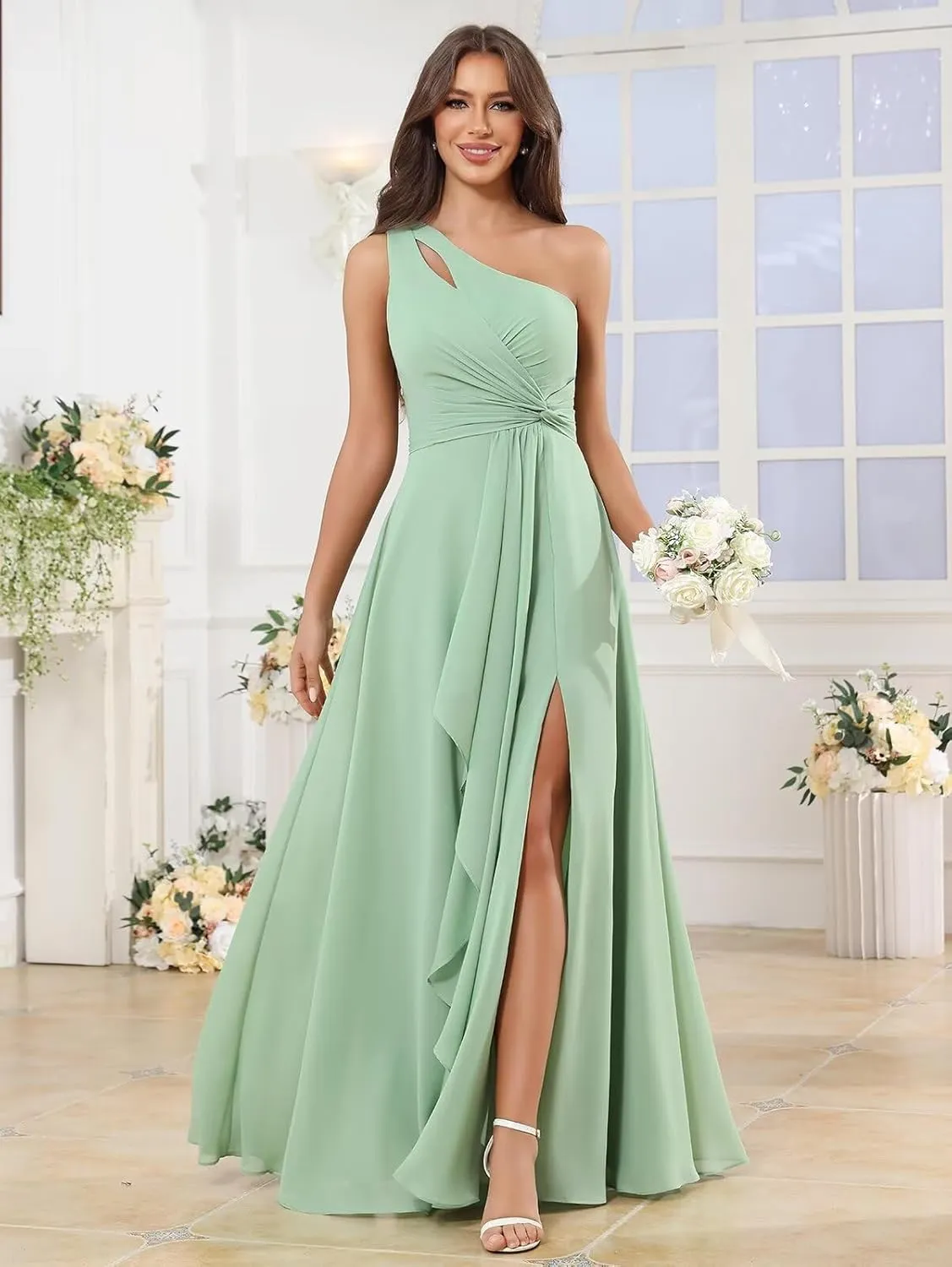 Chiffon One Shoulder Bridesmaid Dresses with Slit Ruffles Wedding Long Formal Evening Dress for Women