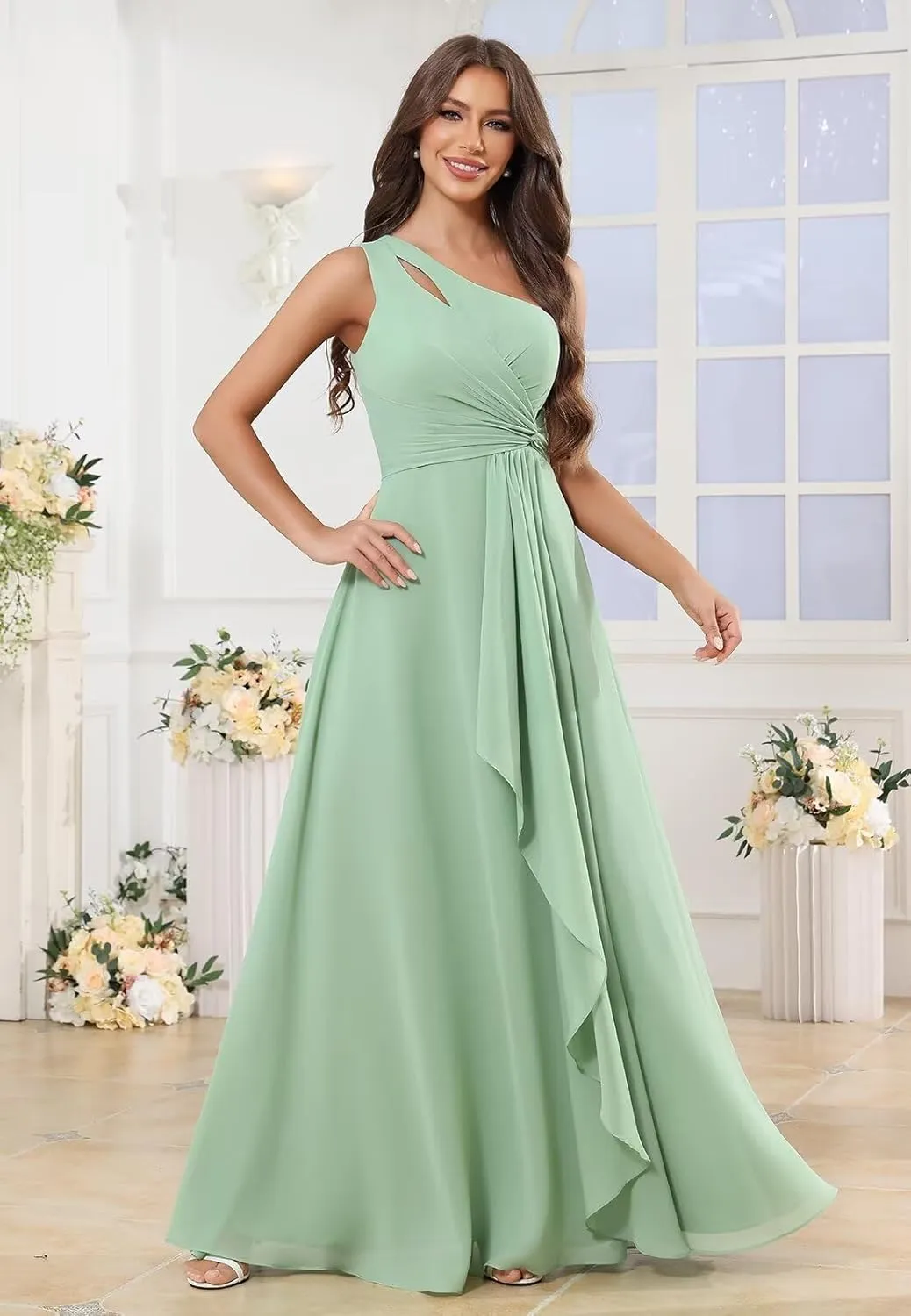 Chiffon One Shoulder Bridesmaid Dresses with Slit Ruffles Wedding Long Formal Evening Dress for Women