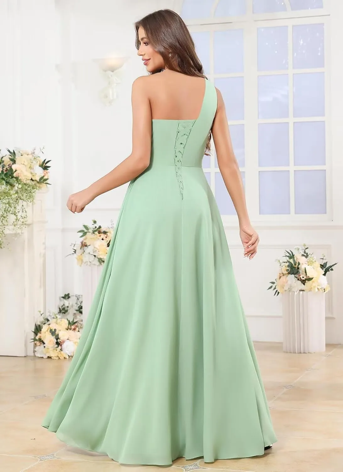 Chiffon One Shoulder Bridesmaid Dresses with Slit Ruffles Wedding Long Formal Evening Dress for Women