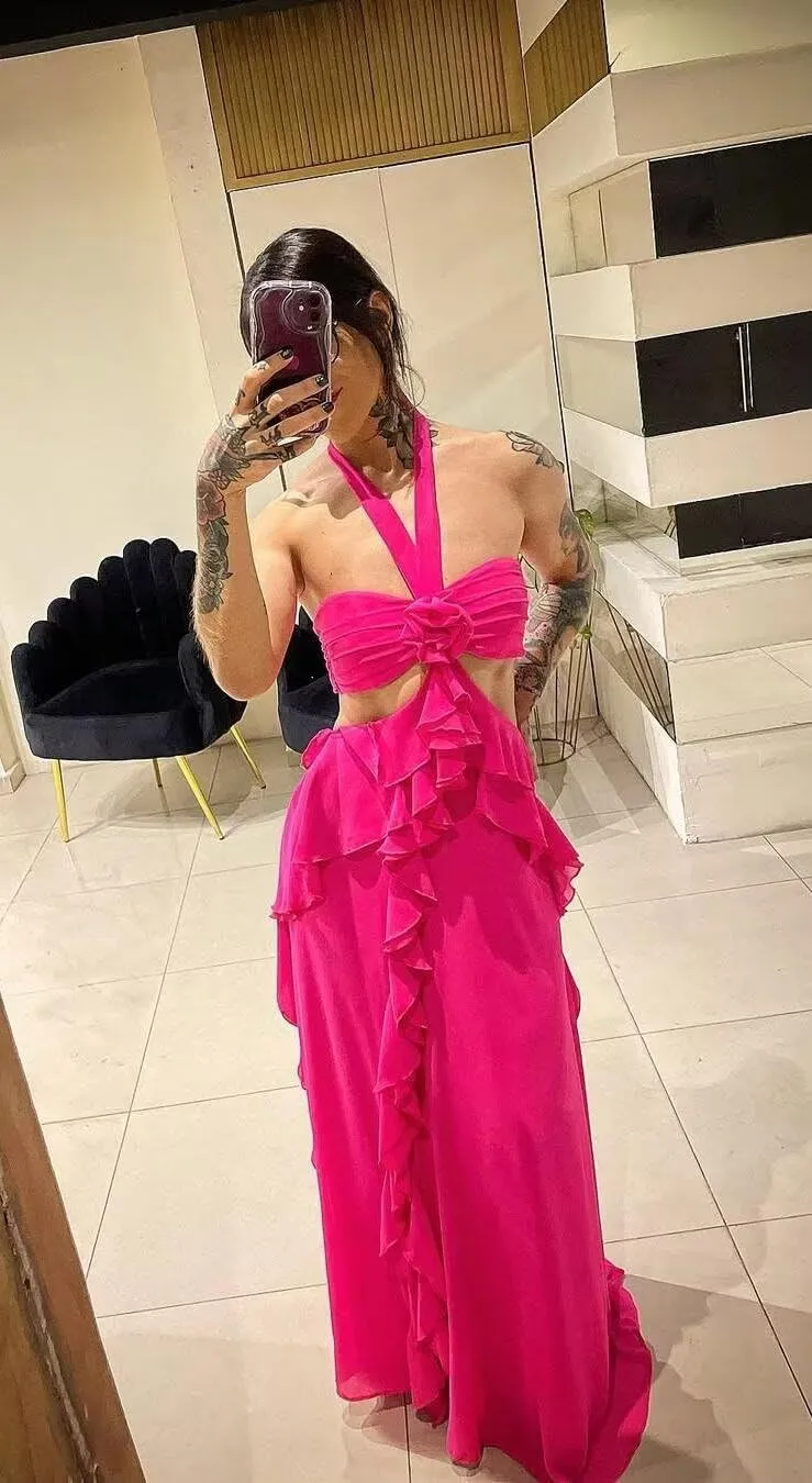 Chiffon Prom Dress with 3D Flower Strapless Ruffles Formal Evening Party Gown Ruched Long Cutaway Sides Party Dress