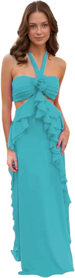 Chiffon Prom Dress with 3D Flower Strapless Ruffles Formal Evening Party Gown Ruched Long Cutaway Sides Party Dress