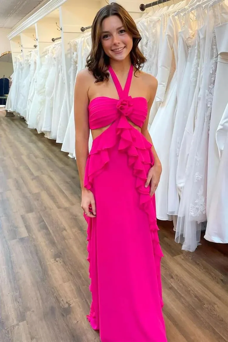 Chiffon Prom Dress with 3D Flower Strapless Ruffles Formal Evening Party Gown Ruched Long Cutaway Sides Party Dress