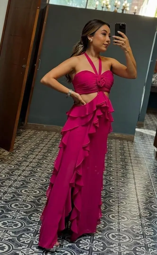 Chiffon Prom Dress with 3D Flower Strapless Ruffles Formal Evening Party Gown Ruched Long Cutaway Sides Party Dress
