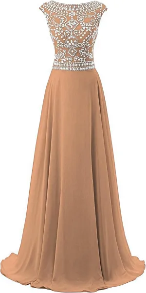 Chiffon Prom Dresses Long for Women A-Line Beaded Belt Formal Evening Party Ball Gowns with