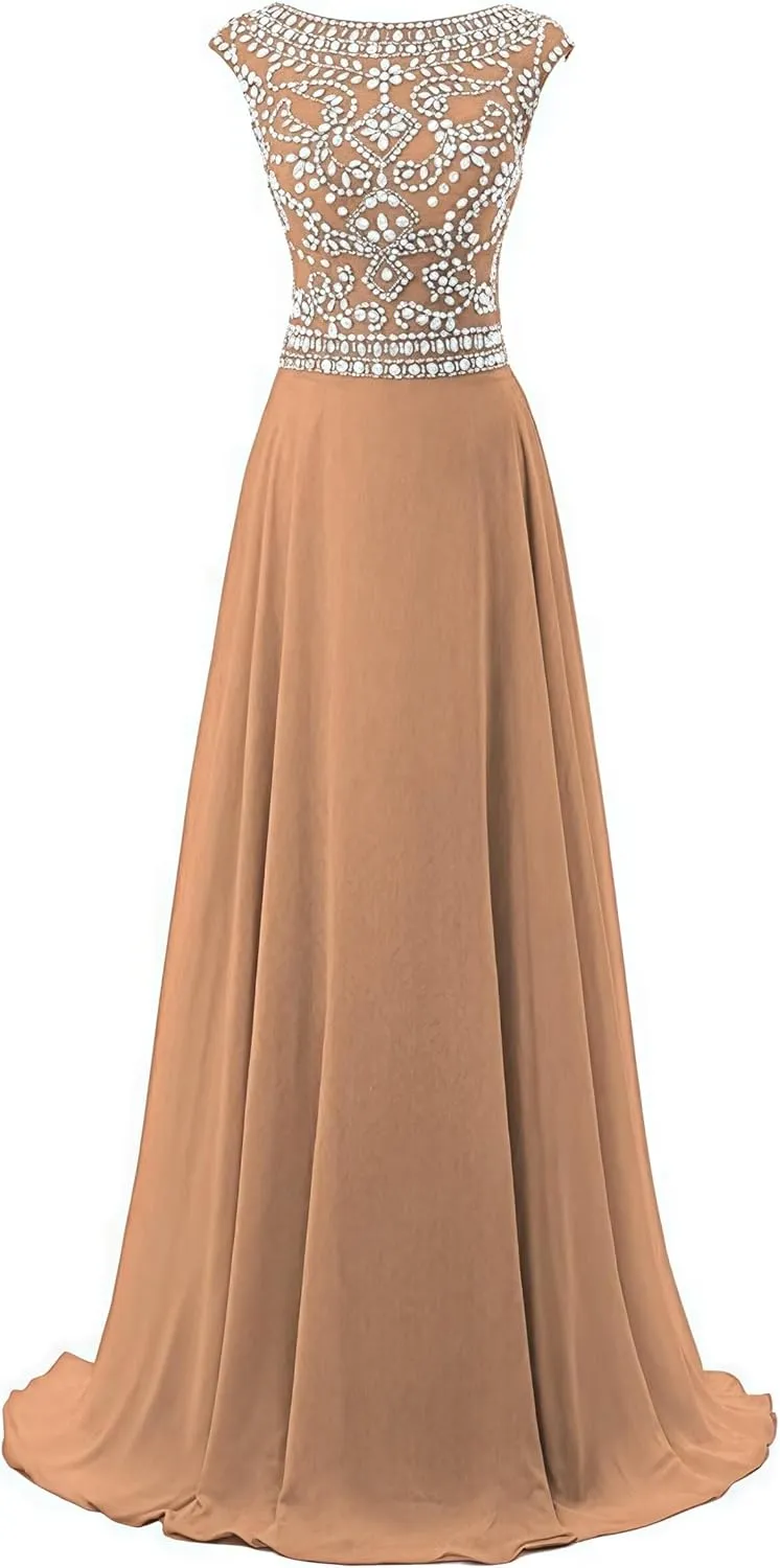 Chiffon Prom Dresses Long for Women A-Line Beaded Belt Formal Evening Party Ball Gowns with
