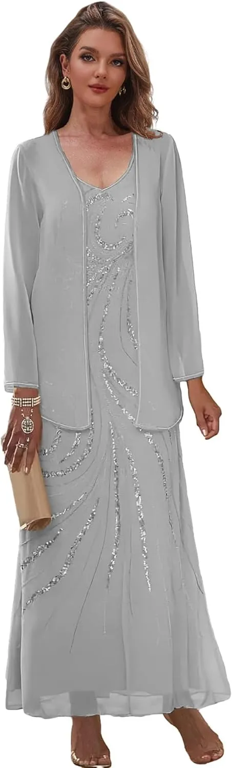 Chiffon Sequin Mother of The Bride Dresses for Wedding 2 Pieces Long Formal Evening Dress with Jacket
