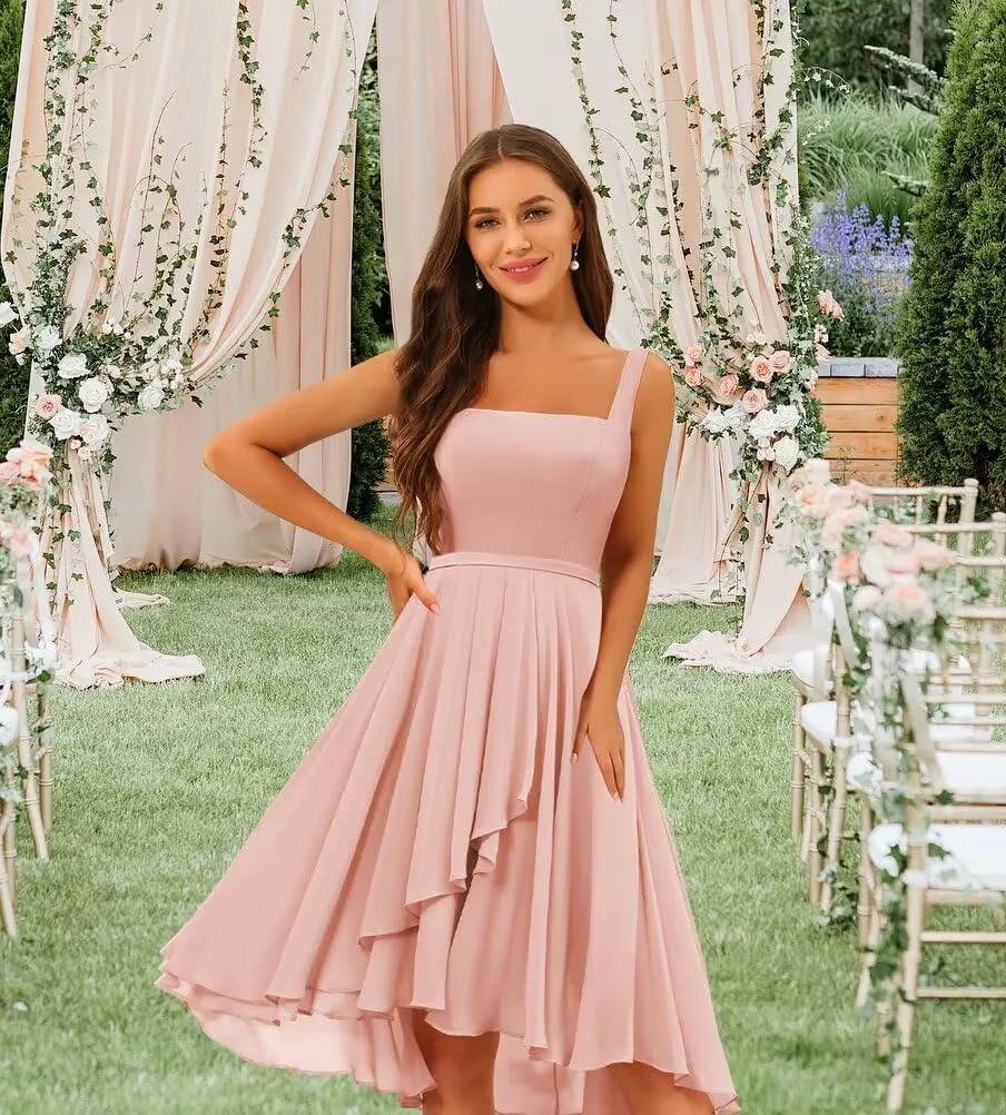 Chiffon Square Neck Short Bridesmaid Dresses for Women 2025 Flowy Formal Dress QA230