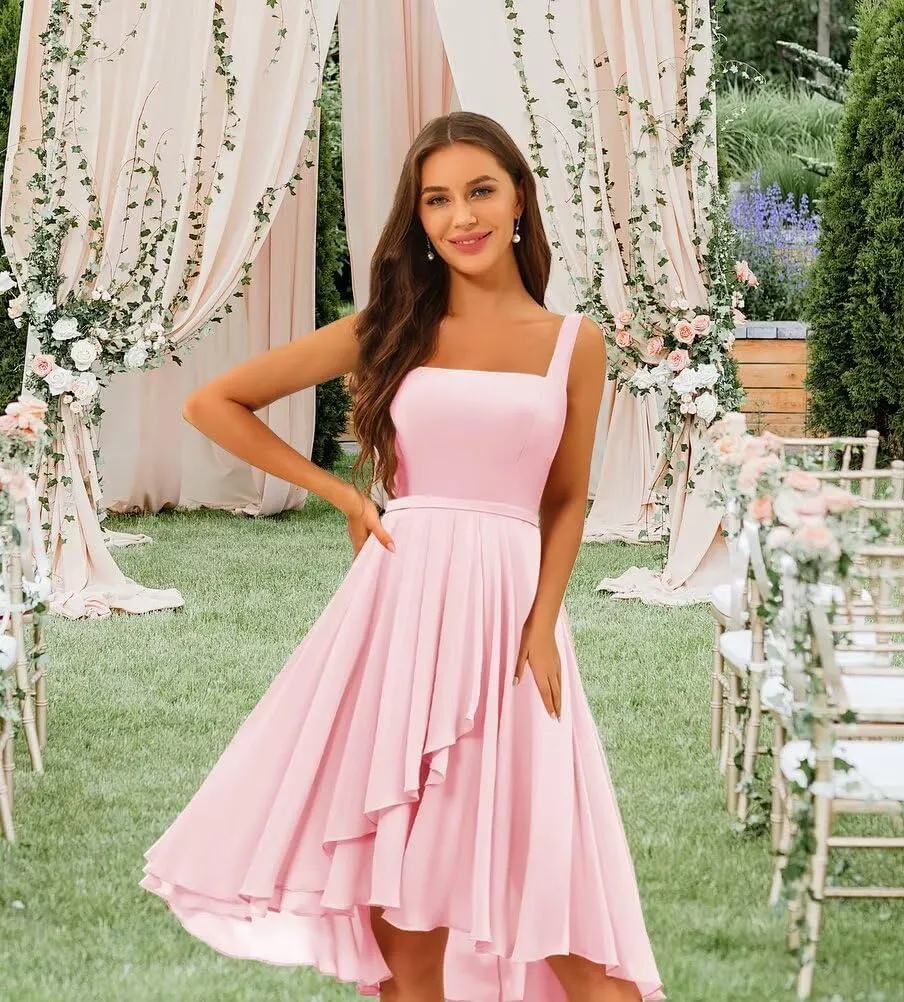 Chiffon Square Neck Short Bridesmaid Dresses for Women 2025 Flowy Formal Dress QA230