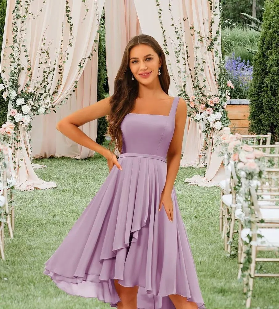 Chiffon Square Neck Short Bridesmaid Dresses for Women 2025 Flowy Formal Dress QA230