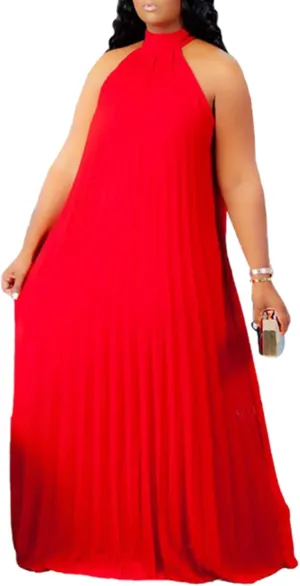 Choichic Plus Size Maxi Dresses for Women Sleeveless Halter Neck Chiffon Pleated Loose Flowy Long Summer Beach Dresses