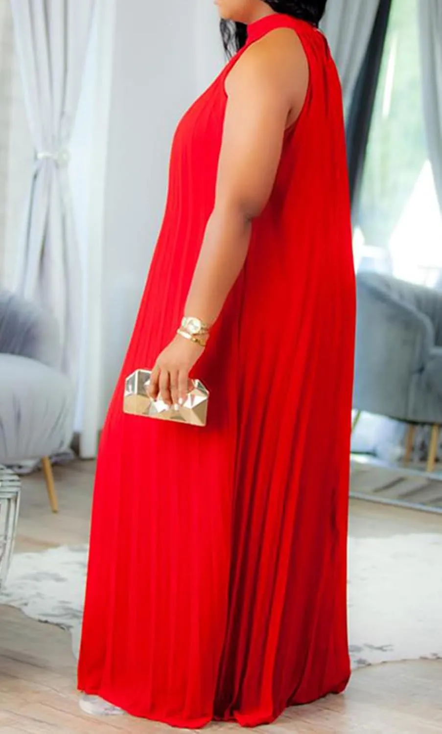 Choichic Plus Size Maxi Dresses for Women Sleeveless Halter Neck Chiffon Pleated Loose Flowy Long Summer Beach Dresses
