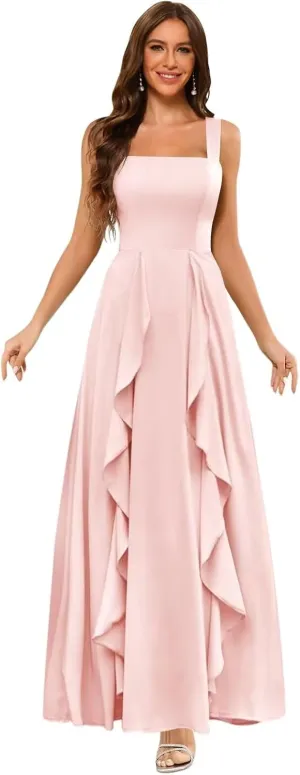 Clothfun Ruffle Chiffon Bridesmaid Dresses Long with Pockets 2025 Square Neck Evening Gown with Slit for Women CY029