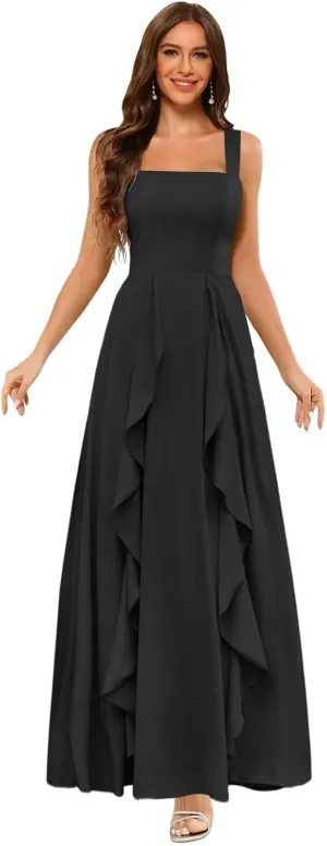 Clothfun Ruffle Chiffon Bridesmaid Dresses Long with Pockets 2025 Square Neck Evening Gown with Slit for Women CY029