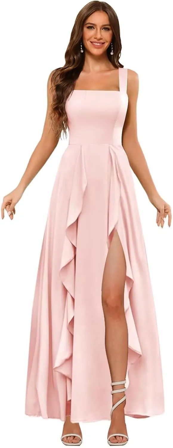 Clothfun Ruffle Chiffon Bridesmaid Dresses Long with Pockets 2025 Square Neck Evening Gown with Slit for Women CY029