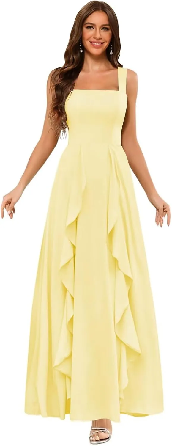 Clothfun Ruffle Chiffon Bridesmaid Dresses Long with Pockets 2025 Square Neck Evening Gown with Slit for Women CY029