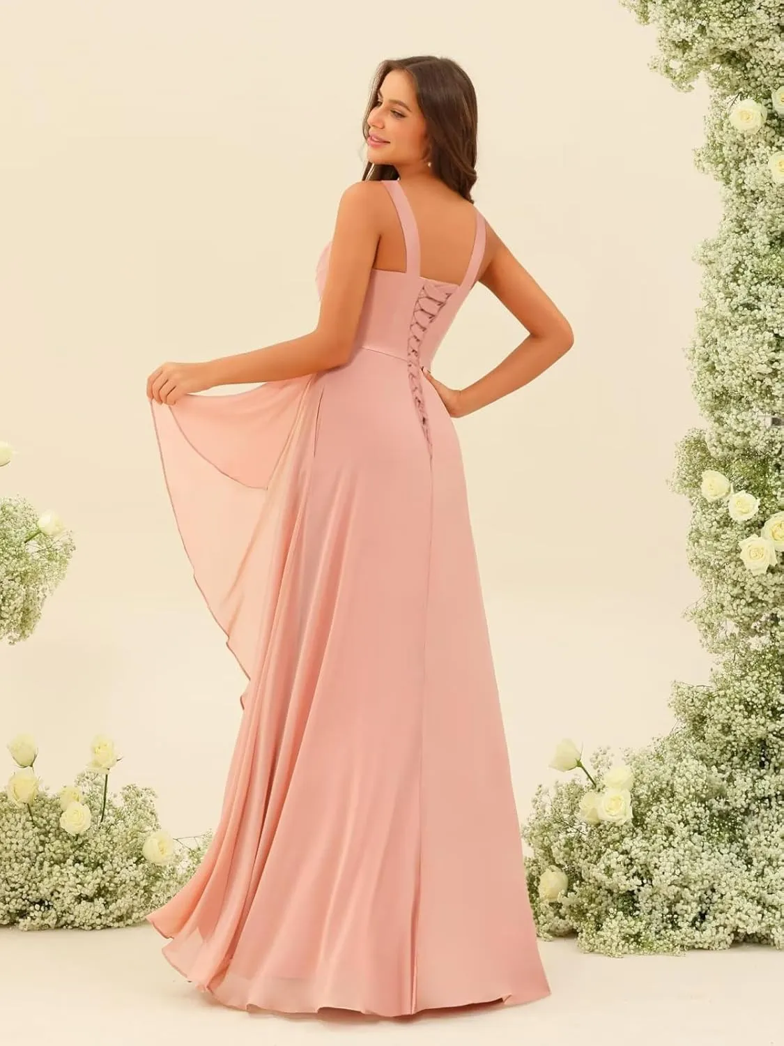 Clothfun Ruffle Chiffon Bridesmaid Dresses Long with Pockets 2025 Square Neck Evening Gown with Slit for Women CY029