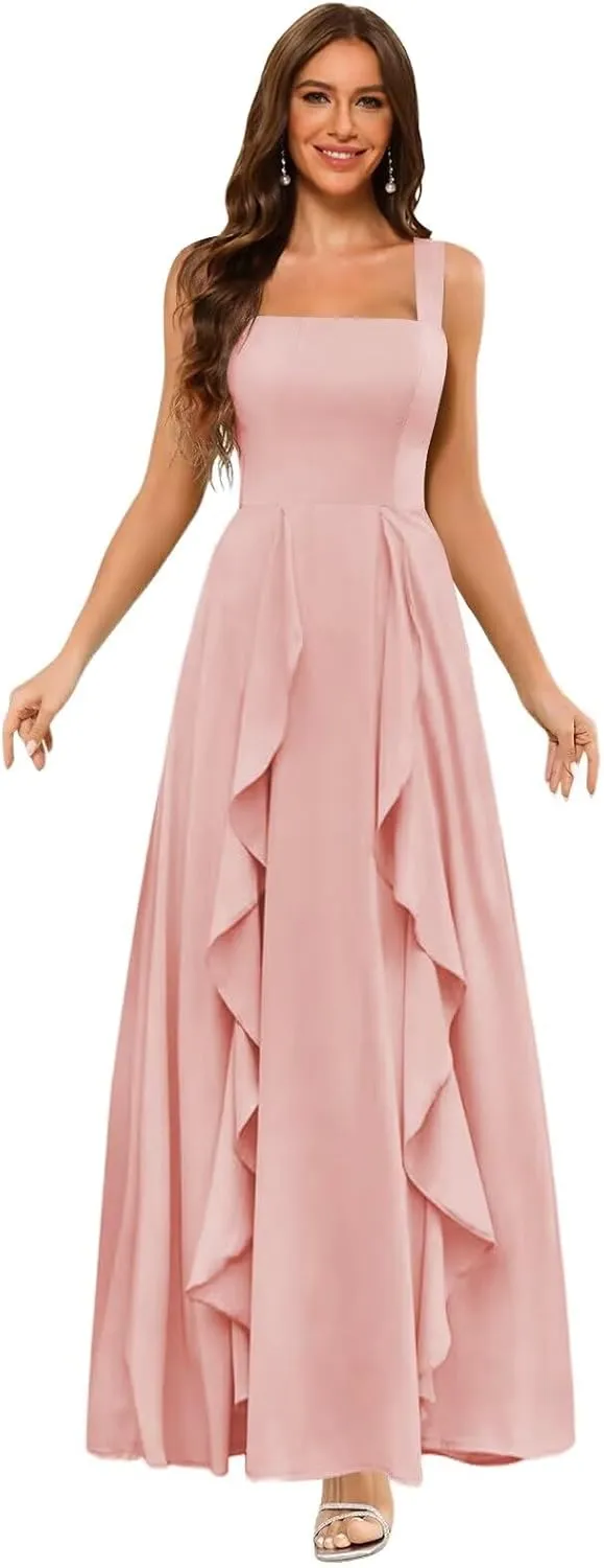 Clothfun Ruffle Chiffon Bridesmaid Dresses Long with Pockets 2025 Square Neck Evening Gown with Slit for Women CY029