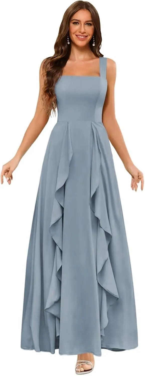 Clothfun Ruffle Chiffon Bridesmaid Dresses Long with Pockets 2025 Square Neck Evening Gown with Slit for Women CY029