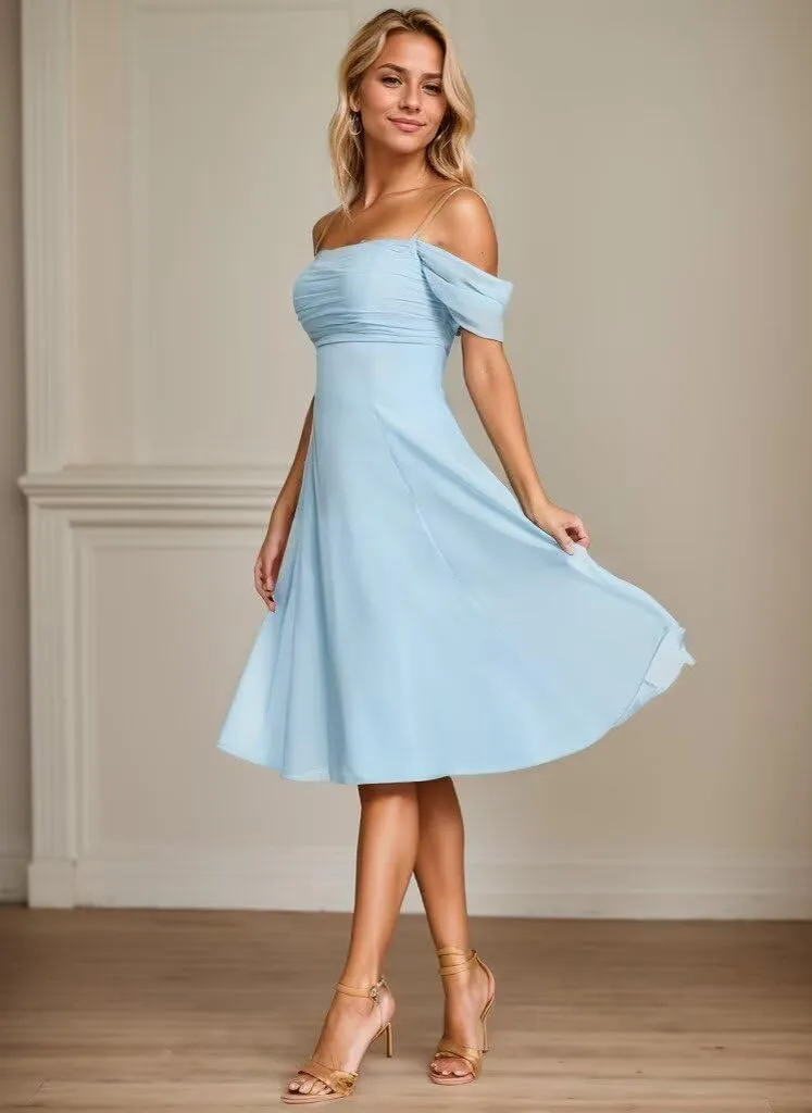 Cold Shoulder Bridesmaid Dresses for Women Chiffon Short Formal Evening Dress with Sleeves