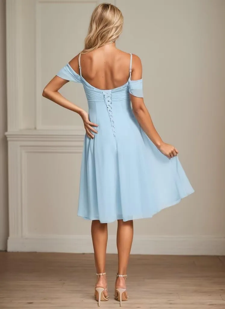 Cold Shoulder Bridesmaid Dresses for Women Chiffon Short Formal Evening Dress with Sleeves