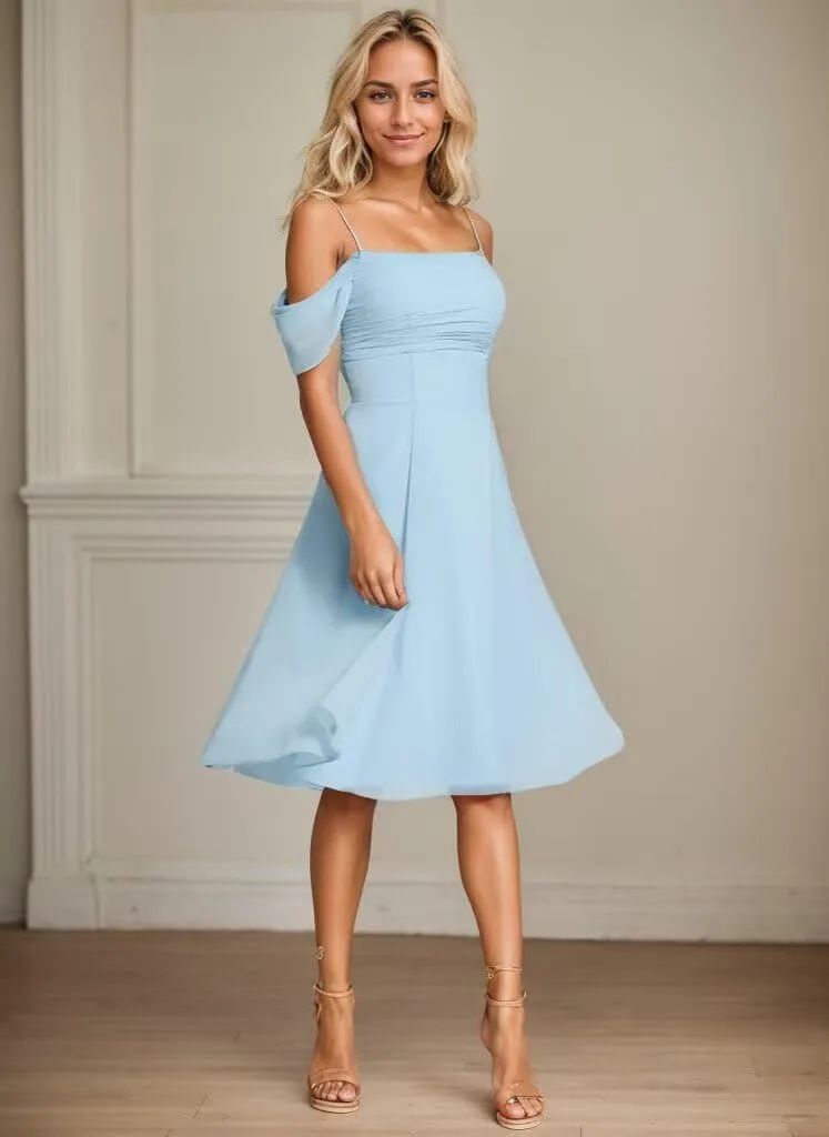 Cold Shoulder Bridesmaid Dresses for Women Chiffon Short Formal Evening Dress with Sleeves