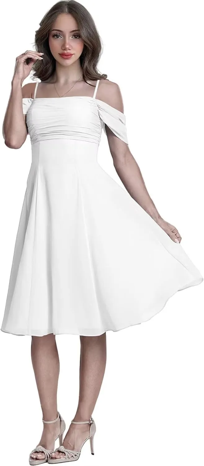 Cold Shoulder Bridesmaid Dresses for Women Chiffon Short Formal Evening Dress with Sleeves