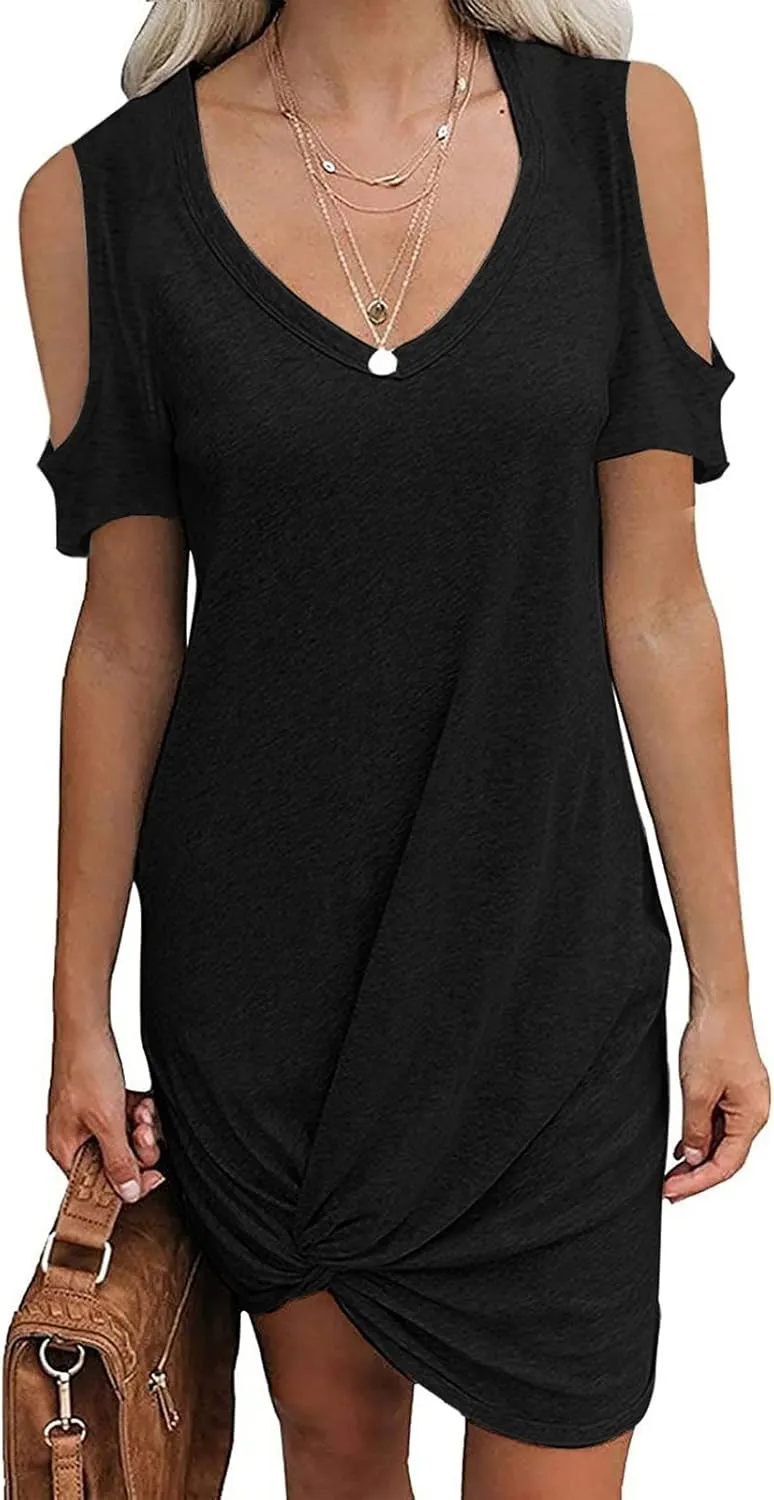 Cold Shoulder Dresses for Women Summer V Neck Short Sleeve Sexy Mini Dress Casual Beach Vacation Lightweight Outfits