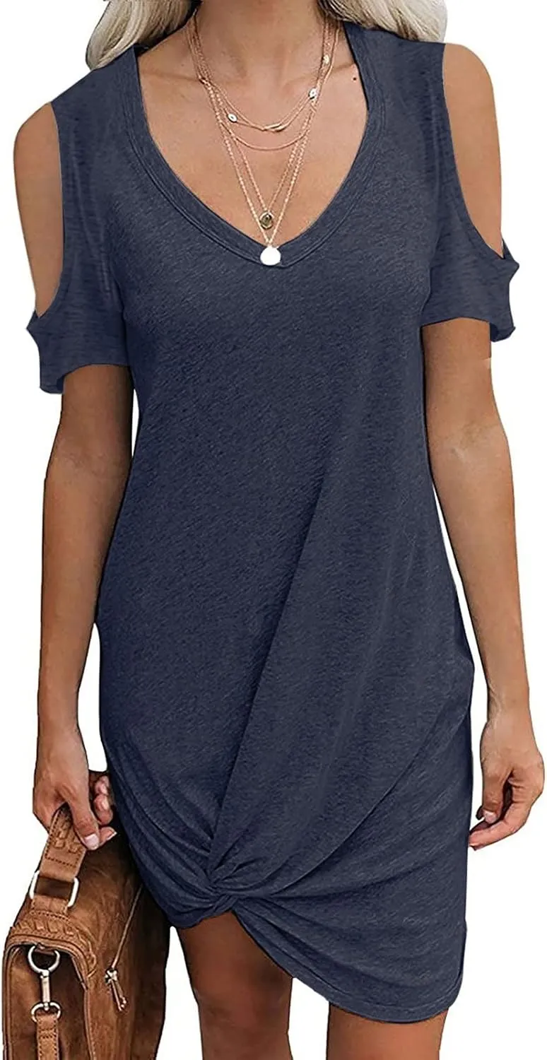 Cold Shoulder Dresses for Women Summer V Neck Short Sleeve Sexy Mini Dress Casual Beach Vacation Lightweight Outfits