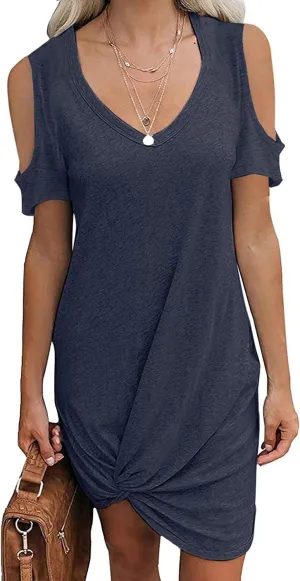 Cold Shoulder Dresses for Women Summer V Neck Short Sleeve Sexy Mini Dress Casual Beach Vacation Lightweight Outfits