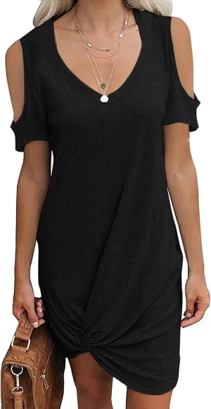 Cold Shoulder Dresses for Women Summer V Neck Short Sleeve Sexy Mini Dress Casual Beach Vacation Lightweight Outfits