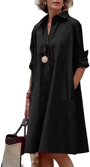 Costaric Women's Long Sleeve Button Down Shirt Dress Cotton Linen V Neck Loose Fit Casual Shirt Dresses with Pockets